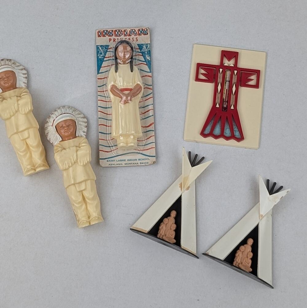 Vintage St. Labre Indian School Souvenir Lot – Wall Plaques, Figures & Thermomet